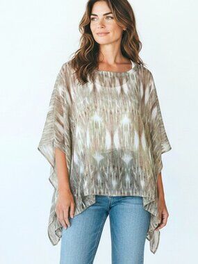 CHICO'S SHEER IBIZA FATIGUE PONCHO TOP IKAT PRINT EVERYDAY BREEZY RESORT NWT LXL